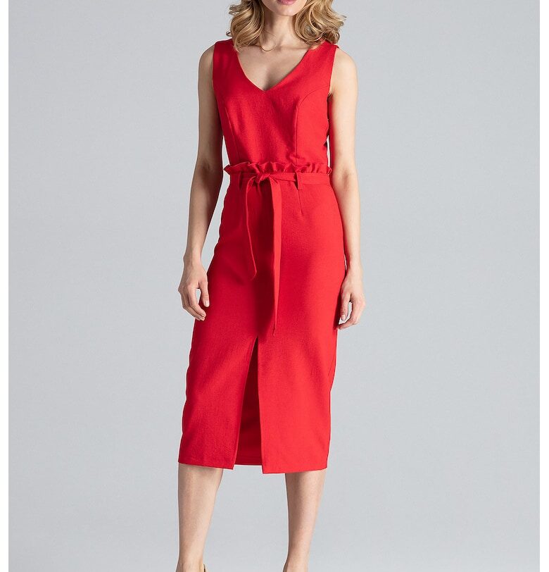 Midi рокля  червена с V-образно деколте и колан - 100% полиестер Figl