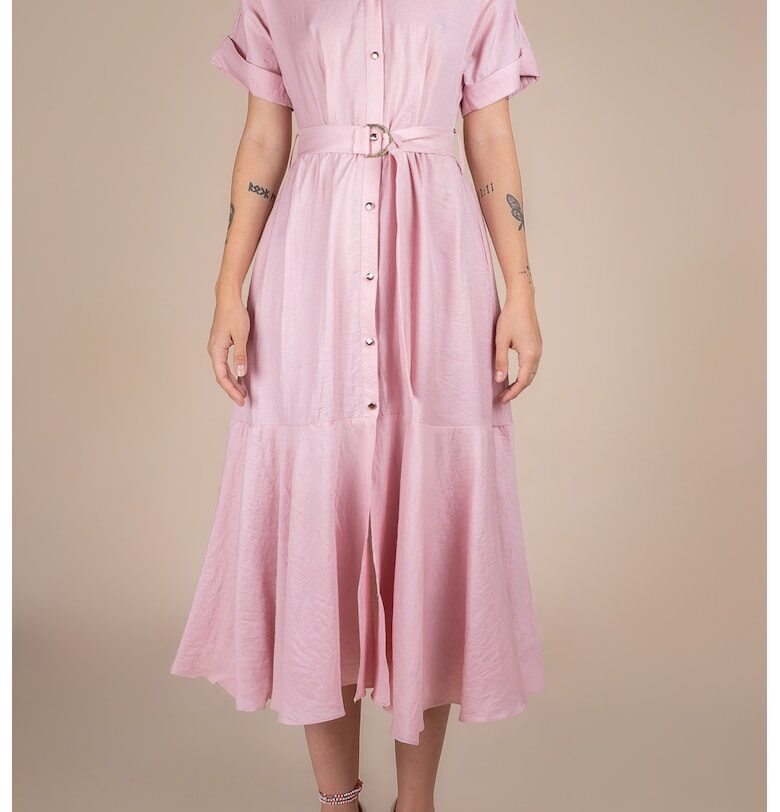 Rochie-camasa midi cu volane si cordon in talie Monarh design