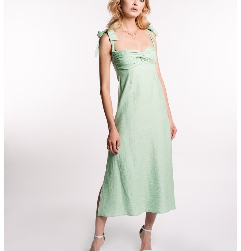 Rochie midi din amestec de in - cu bust fronsat Monarh design