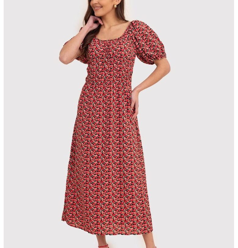 Rochie midi rosie cu maneci bufante si imprimeu floral DA1796 MULTI Ax Paris