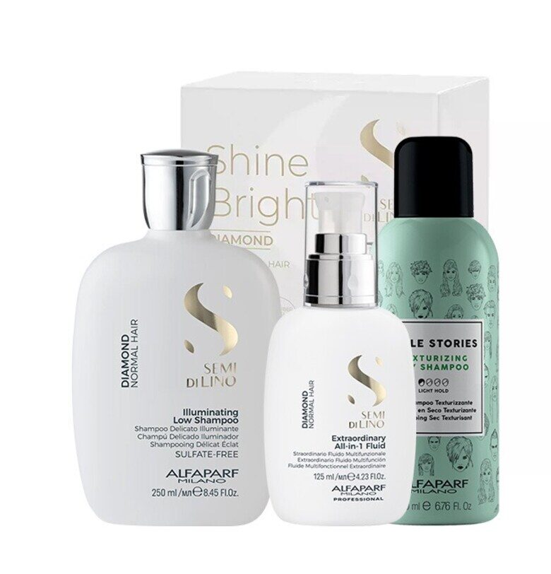 Semi Di Lino Diamond Illuminating Shine Комплект с шампоан - 250 мл - сух шампоан Style Stories 200 мл и флуид за блясък - 125 мл Alfaparf