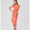 Дамска рокля - асиметрична с каскадно деколте - Полиестер - Оранжев MOE