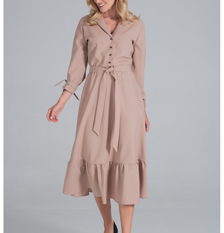 Бежова миди рокля  с колан - дълъг ръкав - 100% полиестер - Figl