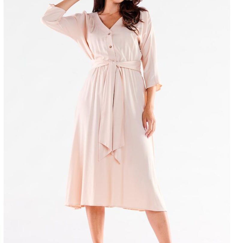 Бежова миди рокля с три четвърти ръкави A522 awama