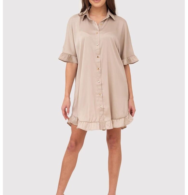 Бежова рокля тип риза с волани и златни копчета DA1774 STONE Ax Paris