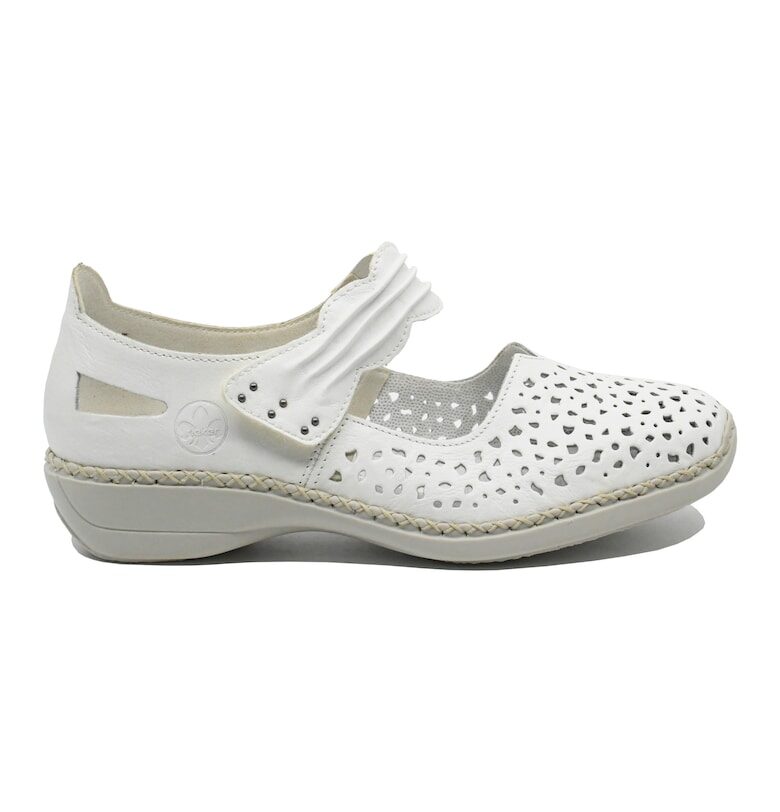 Бели перфорирани обувки  с каишка от естествена кожа RIK41399-80 Rieker