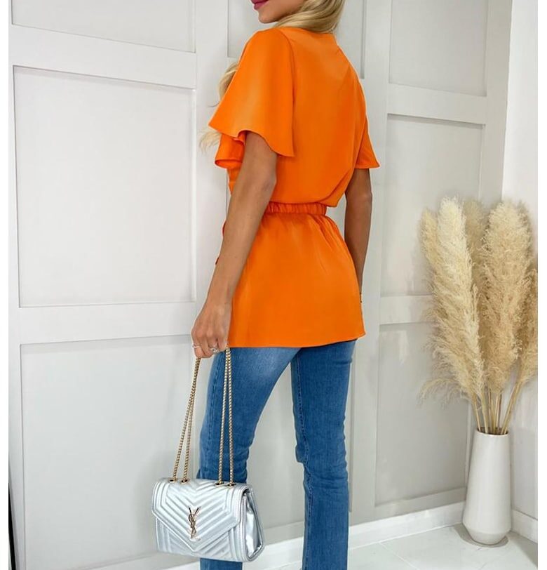 Блуза с къс ръкав и декоративен колан TA578 - Оранжев Ax Paris