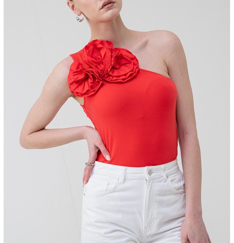 Боди с едно рамо и флорална апликация - Корал Karl Lagerfeld