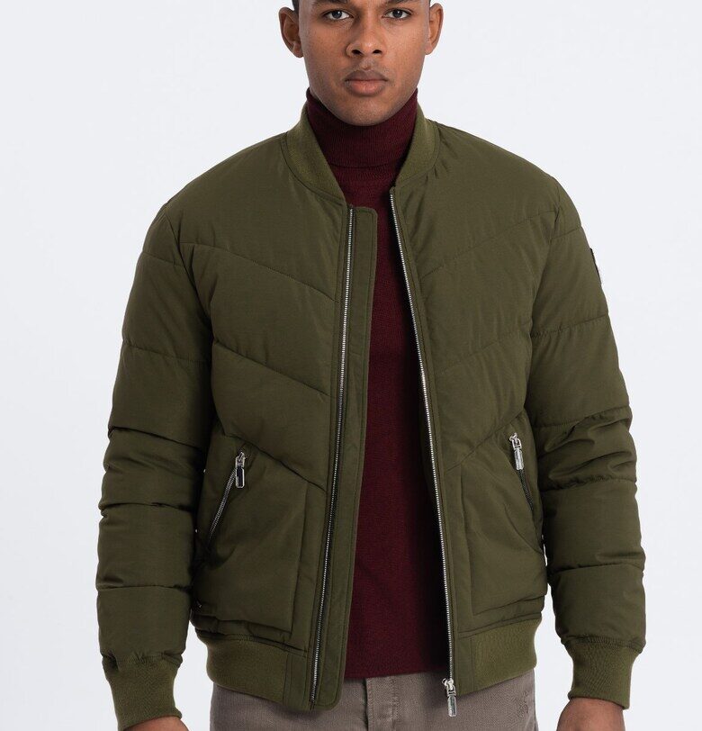 Бомбер яке OM-JALP-0143 - Мъжко - С цип - Без качулка - Маслинено зелено OMBRE