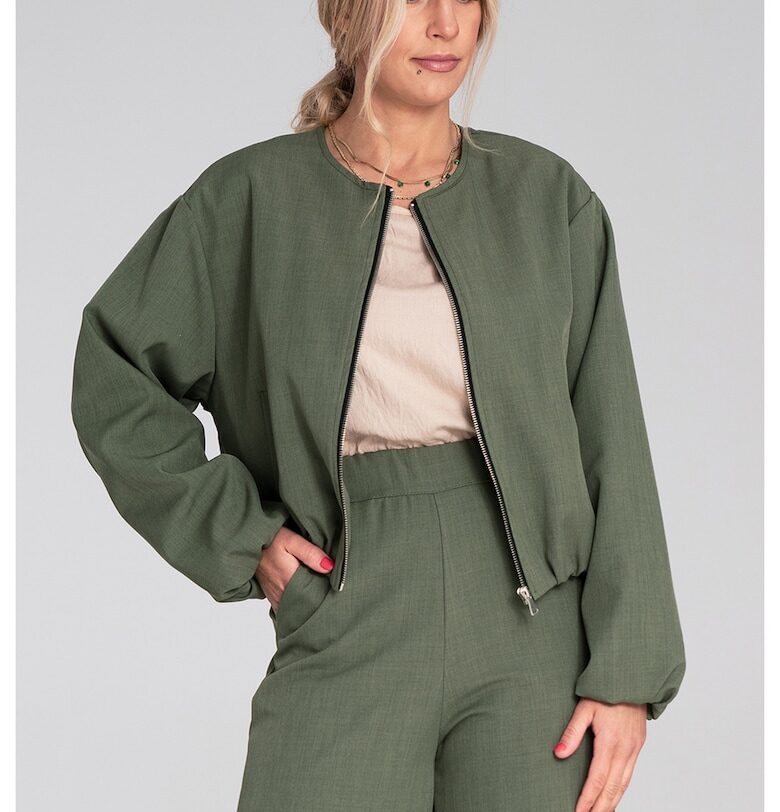 Бомбър яке  маслинено зелено - текстилен материал - свободна кройка - с цип и странични джобове - размер SM Figl