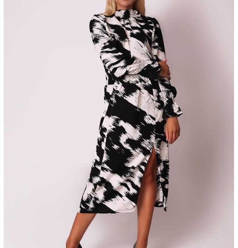 Бяла и черна миди рокля с широка еластична талия и дълги ръкави DA1682 Ax Paris