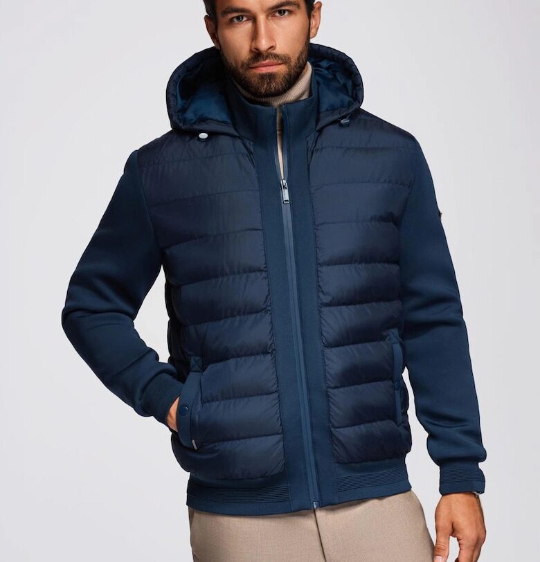 Ватирано бомбър яке с качулка и плетени ръкави  OM-JALP-0298 - Тъмносин OMBRE