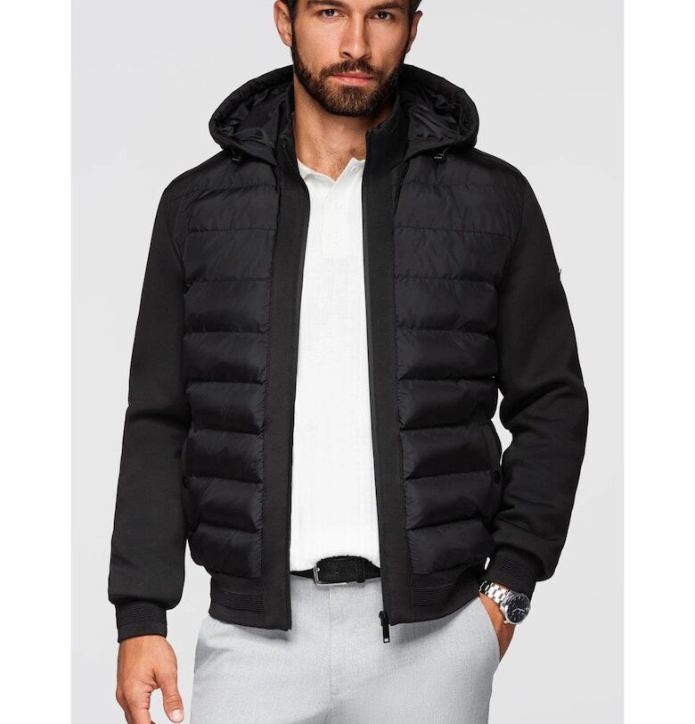 Ватирано бомбър яке с качулка и плетени ръкави  OM-JALP-0298 - Черен OMBRE