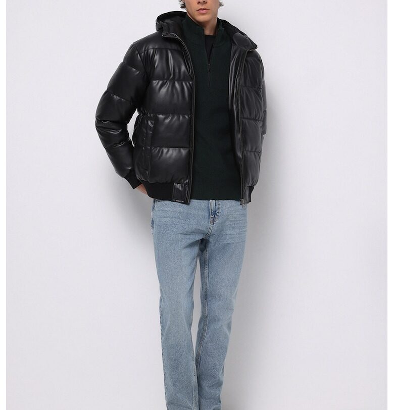 Ватирано зимно яке с еко кожа и цип - Черен COLINS