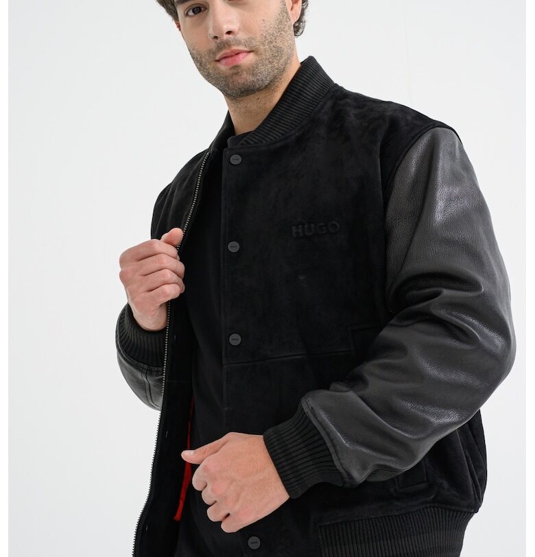 Велурено бомбър яке с кожени ръкави - Черен HUGO