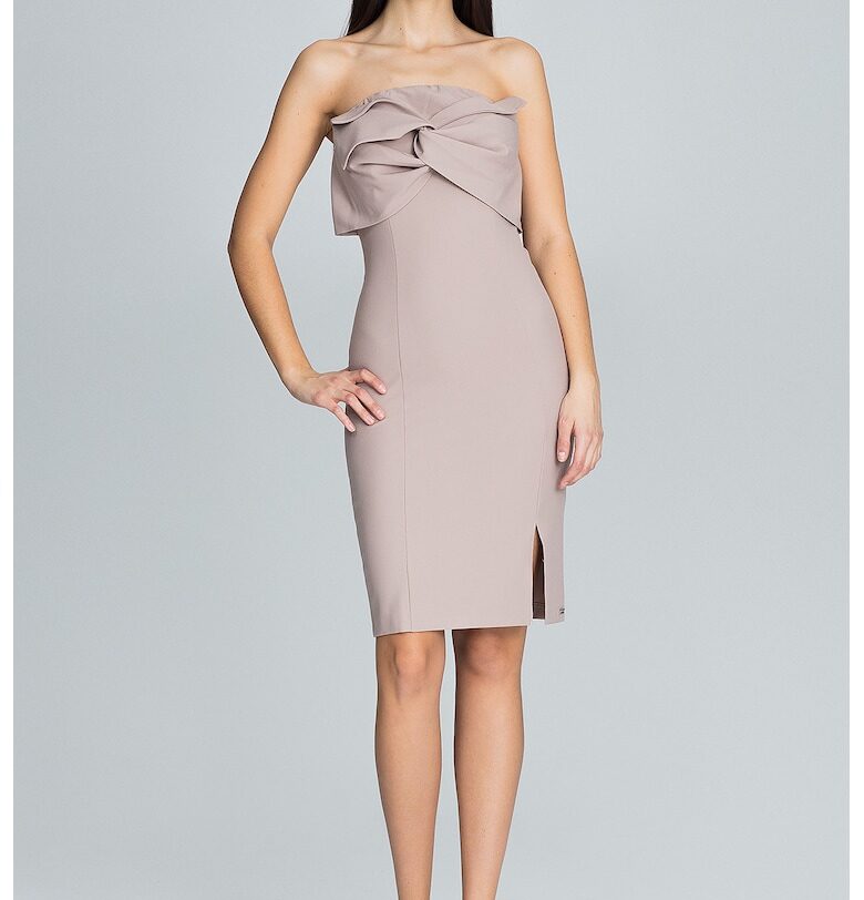 Вечерна рокля  елегантна - без презрамки - бежова - с панделка - полиестер Figl