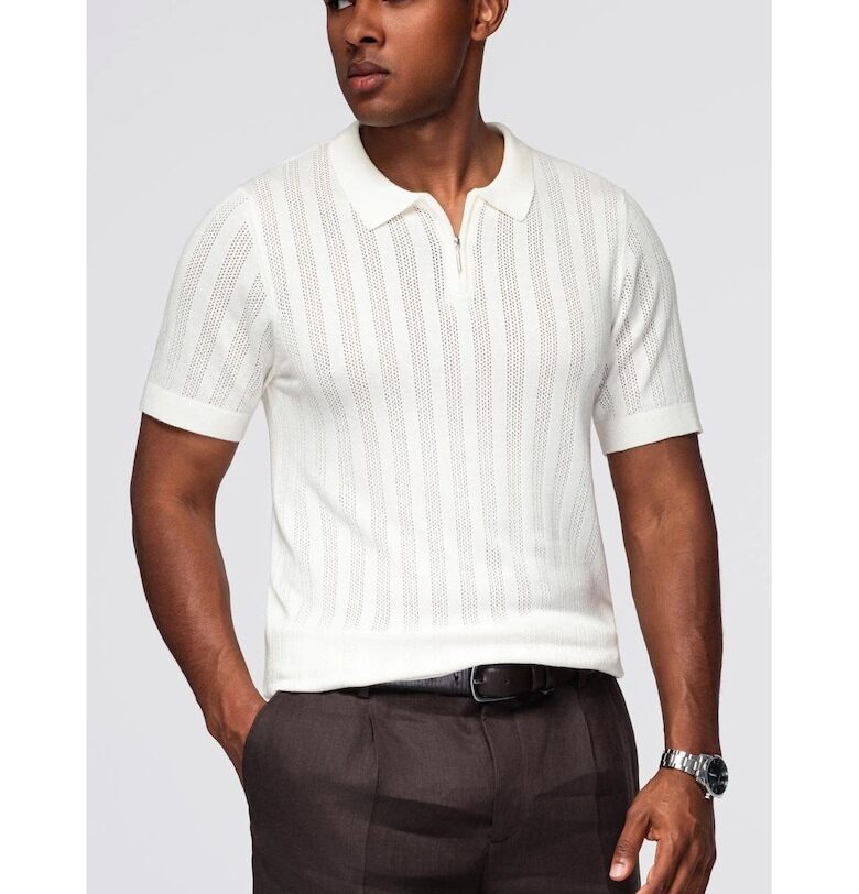 Вискозна поло риза с цип  OM-POSS-0158 - Бял OMBRE