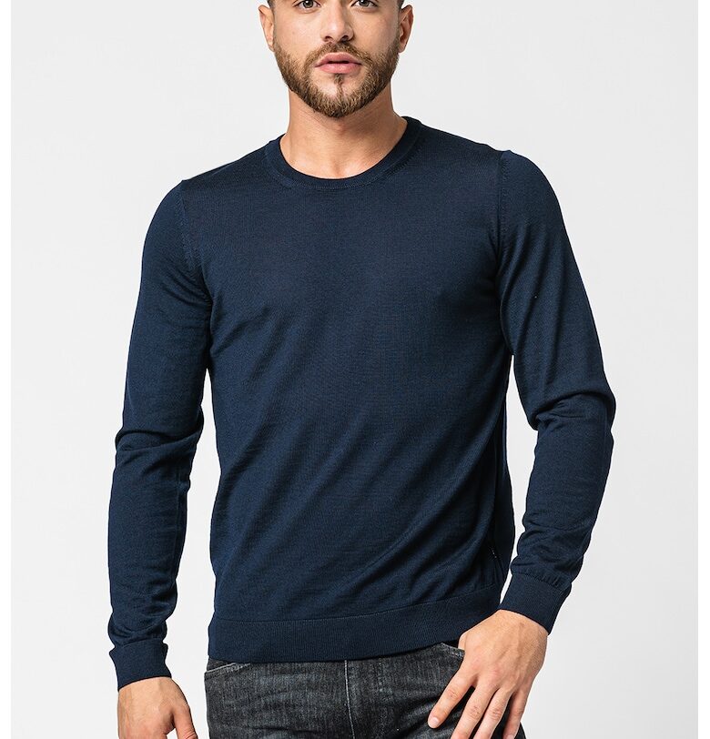 Втален пуловер Leno от необработена вълна - Тъмносин BOSS