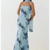 Вталена макси рокля  флорален принт - ледено синьо - тюл HiCCUP
