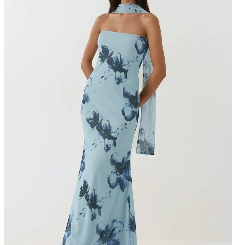 Вталена макси рокля  флорален принт - ледено синьо - тюл HiCCUP