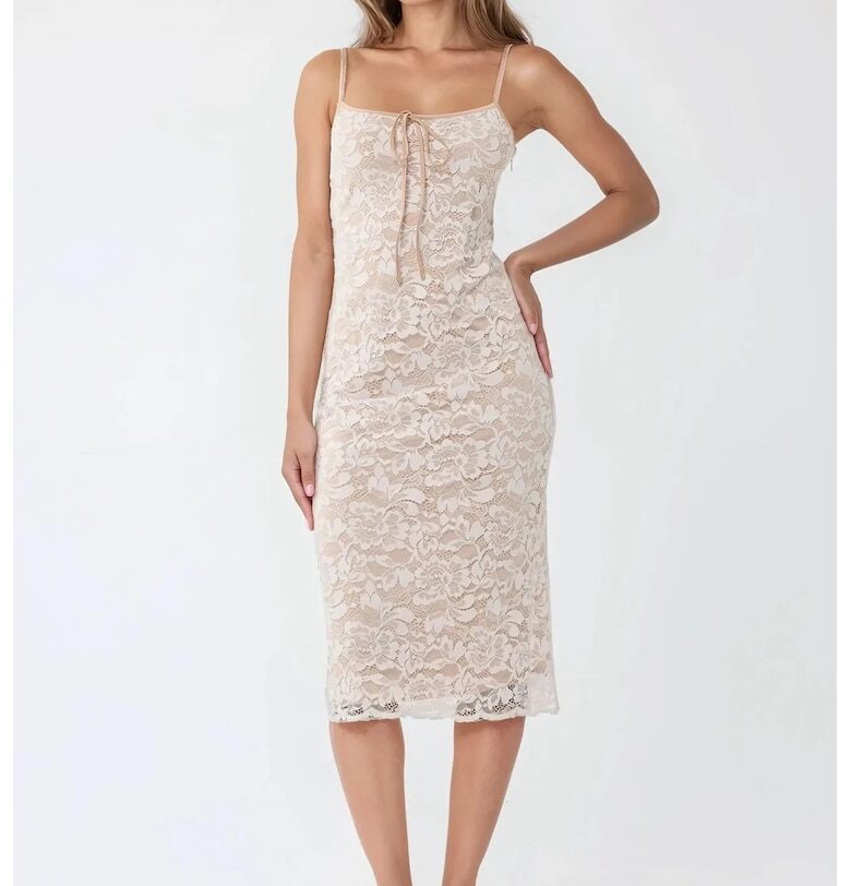 Вталена миди рокля  квадратна яка - тънък материал - бежово HiCCUP