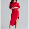 Вталена рокля  K479 - асиметрична - червена - полиестер - еластан - вискоза - Lenitif