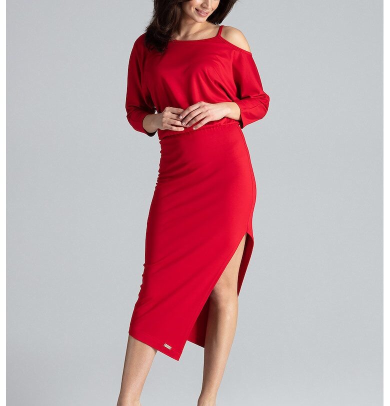 Вталена рокля  K479 - асиметрична - червена - полиестер - еластан - вискоза - Lenitif