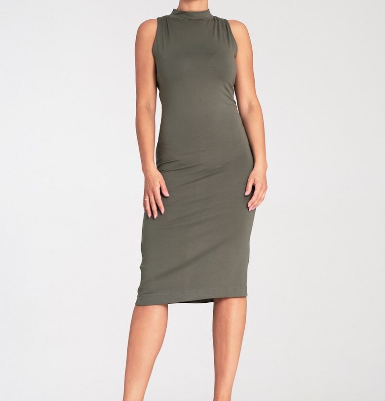 Вталена рокля -  модел M1031 - с яка - вискоза - зелена - еластичен материал Figl