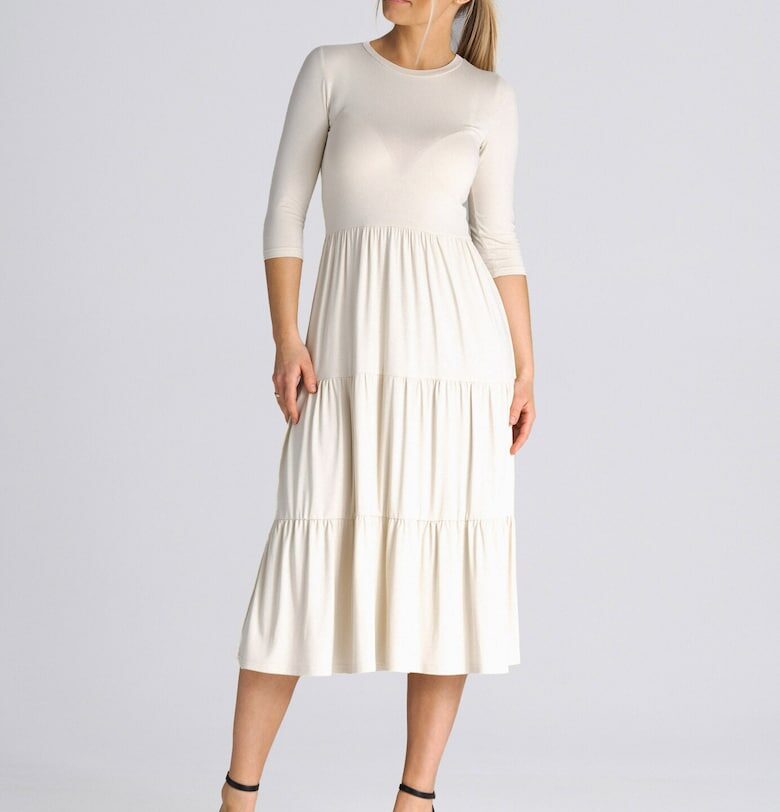 Вталена рокля  с волани - бежова - 3/4 - вискоза Figl