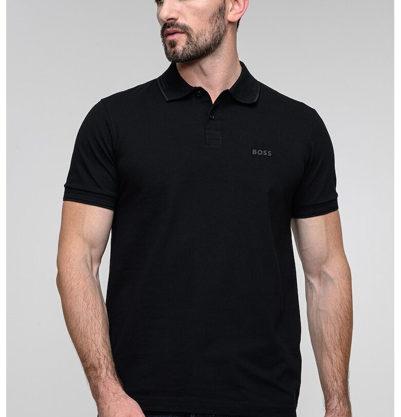 Вталена тениска Paul с яка - Черен/Tъмносив BOSS