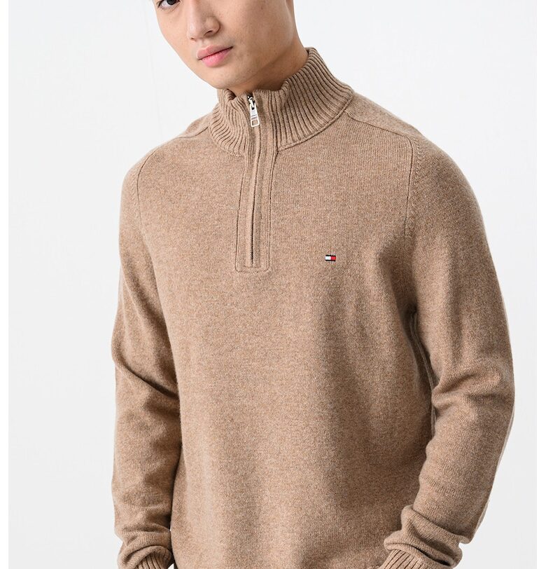 Вълнен пуловер с къс цип - Карамел Tommy Hilfiger