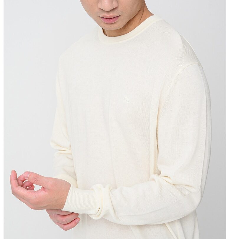 Вълнен пуловер с овално деколте - Крем CALVIN KLEIN