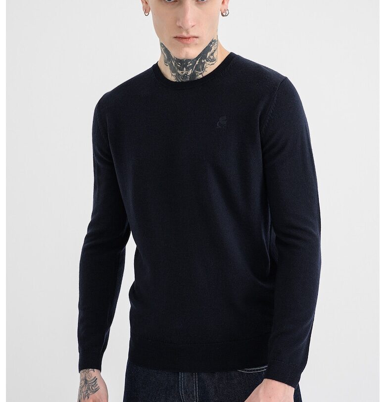 Вълнен пуловер с овално деколте - Ултрамарин синьо Karl Lagerfeld