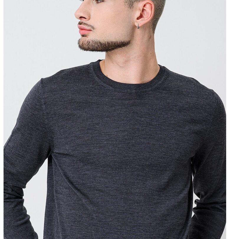 Вълнен пуловер с овално деколте - Меланж тъмно сиво Tommy Hilfiger