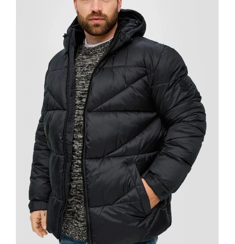 Голям размер мъжко ватирано яке с качулка -  Big - Черно - Черен sOliver