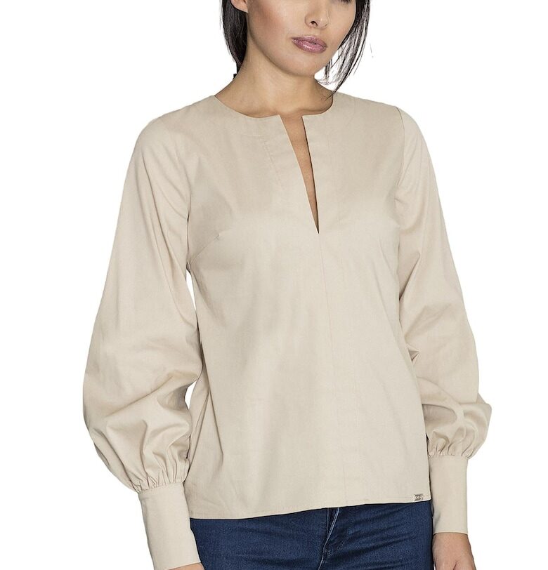 Дамска блуза  M561 - с бухнали ръкави - бежова - памук и полиестер - Figl