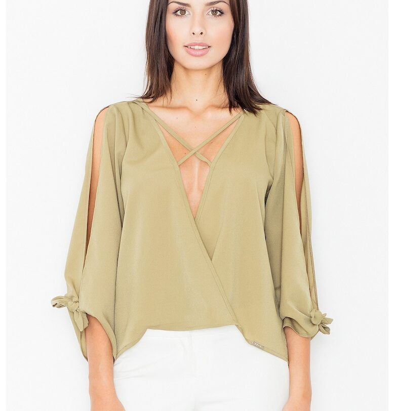 Дамска блуза -  Изрязани ръкави - Полиестер/Еластан/Вискоза - Маслиненозелено - Figl