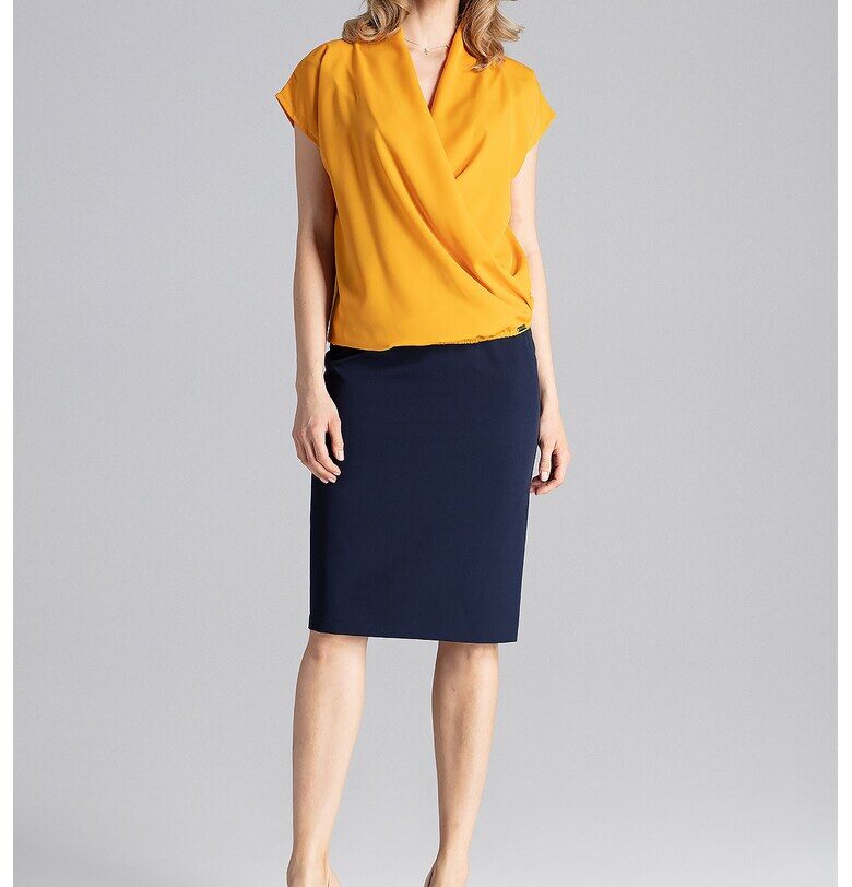 Дамска блуза -  Къс ръкав - Елегантна - Полиестер/Еластан - Mustard Yellow Figl