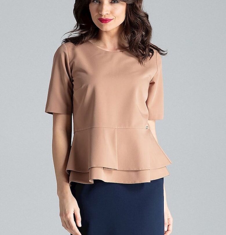 Дамска блуза - Ленитиф - къс ръкав - полукръгло деколте - двоен пеплум - кафяво - 65% полиестер - 35% вискоза - Lenitif