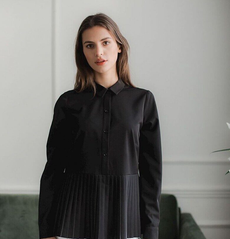 Дамска блуза - Ленитиф - черна - дълъг ръкав - половин цип - полиестер Lenitif