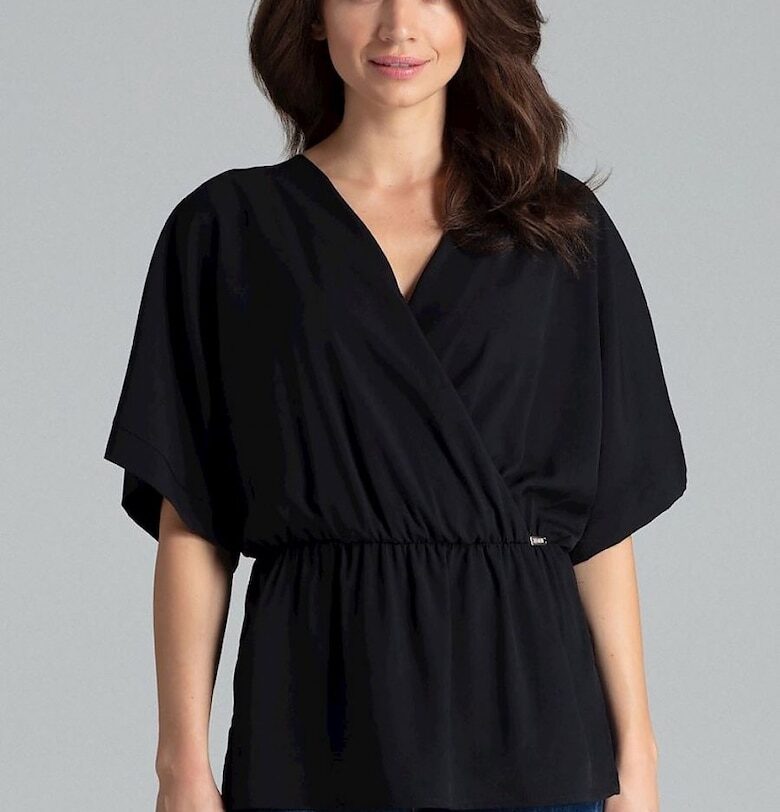 Дамска блуза Ленитиф черна с кимоно ръкави ластик от полиестер Lenitif