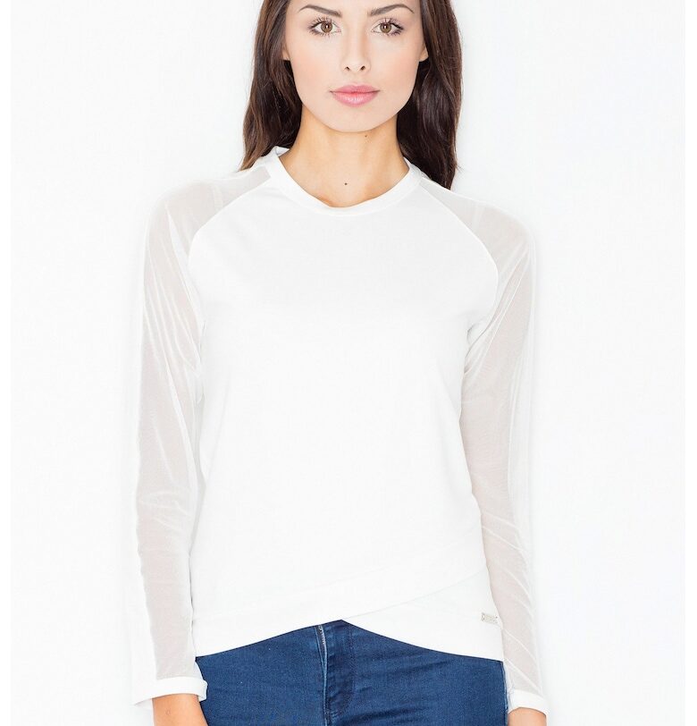 Дамска блуза -  Мрежести ръкави - Полиестер/Еластан/Вискоза - Бяла Figl