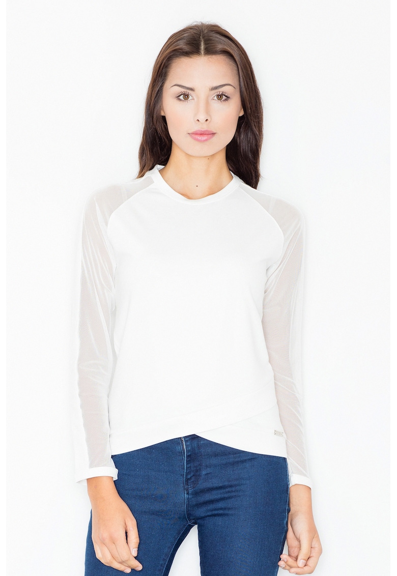 Дамска блуза - Мрежести ръкави - Полиестер/Еластан/Вискоза - Бяла Figl