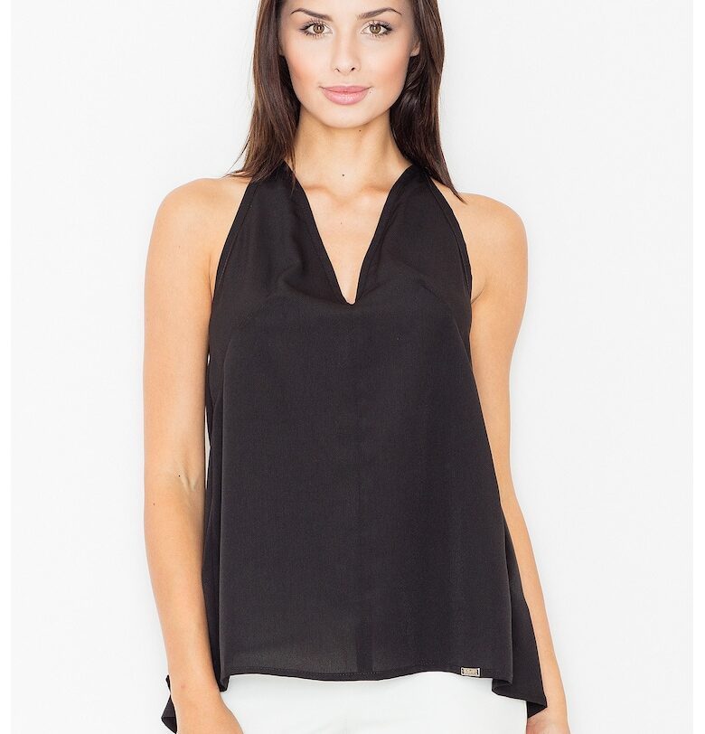 Дамска блуза -  Полиестер/Еластан/Вискоза - Отворен гръб - V-образно деколте - Черна Figl