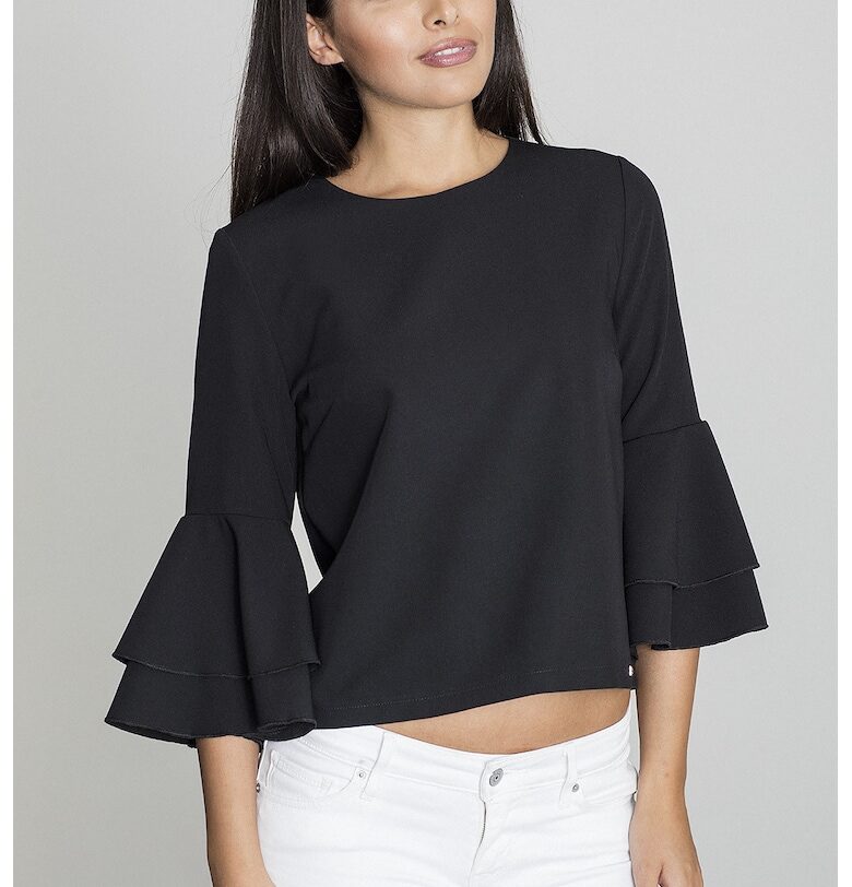 Дамска блуза -  С волани - Полиестер/Вискоза - Черна Figl