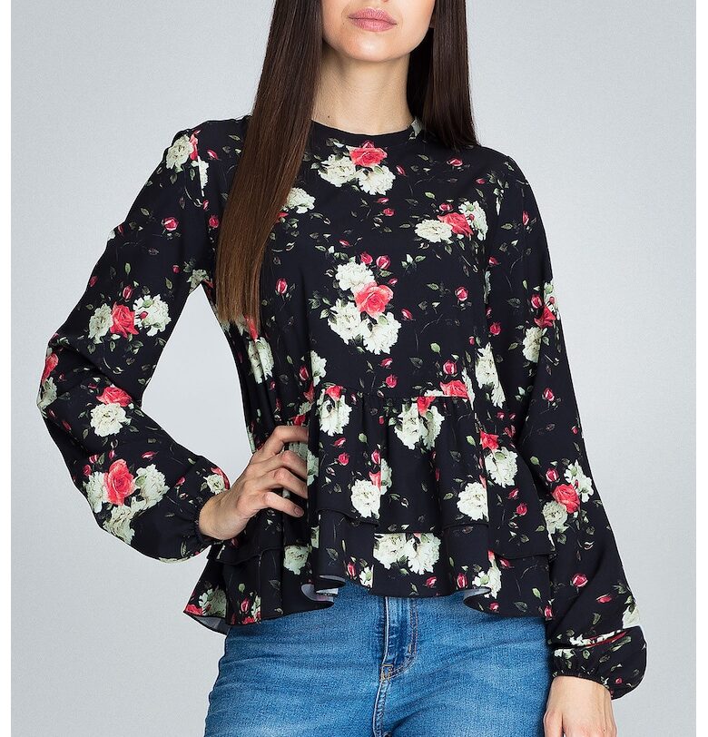 Дамска блуза -  С цветя - Полиестер/Еластан - С волани - Многоцветна Figl
