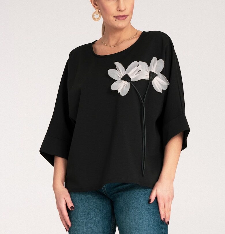 Дамска блуза - Фигл - Цвете - Памук/Полиамид/Еластан - Черна - Един размер Figl