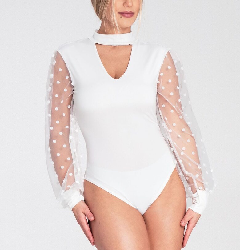 Дамска блуза боди  С дълъг ръкав - Висока яка - Прозрачни ръкави - Полиестер - Бял - S/M Figl