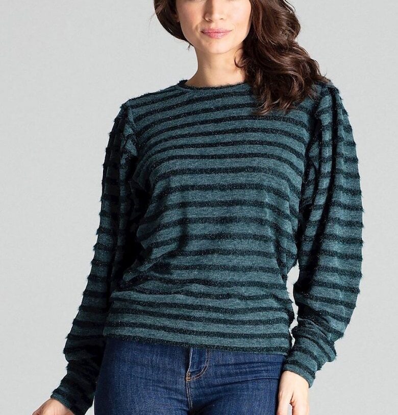 Дамска блуза  зелена - дълги кимоно ръкави - плетена на хоризонтални райета - материал полиестер - Lenitif