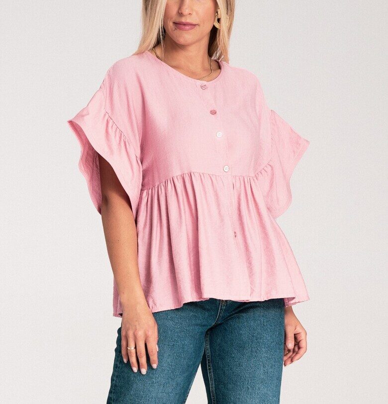 Дамска блуза -  розова - свободна кройка - памук - с волани - SM Figl